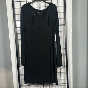 NWT SO Black Lace Up V Front Long Sleeve Dress w/ Lettuce Hems Women's XXL
